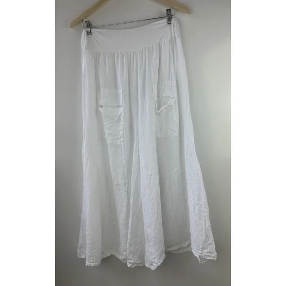 TG.U 100% Linen EXTRA Wide Leg Pant Italy Lagonlook Coastal Beachy Pockets White - Picture 9 of 11